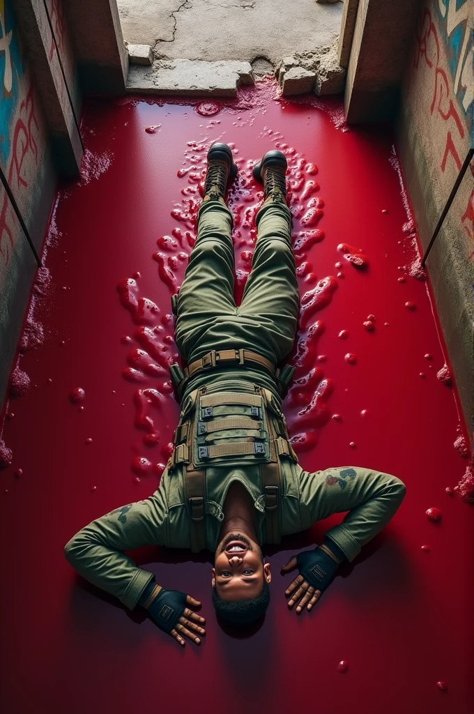 Sgt Drake Fortnite Skin laying in a pool of red liquid top down shot
