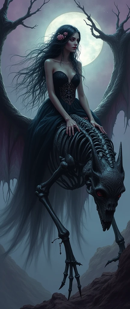 A hauntingly beautiful digital painting of a witch-like woman astride a skeletal, winged beast in a surreal, shadowy realm. Her long, ebony hair, woven with delicate, luminescent flowers, cascades over her ornate, flowing gown that seems to shimmer with an eerie glow. The creature beneath her is a marvel of intricate bone structures, its wings outstretched as if to take flight. The backdrop is a twisted dreamscape, where gnarled trees reach out like spectral hands, and the sky is a swirling mix of deep purples and stormy grays, punctuated by faint, otherworldly lights. The atmosphere is steeped in gothic mysticism, evoking a sense of dark enchantment.