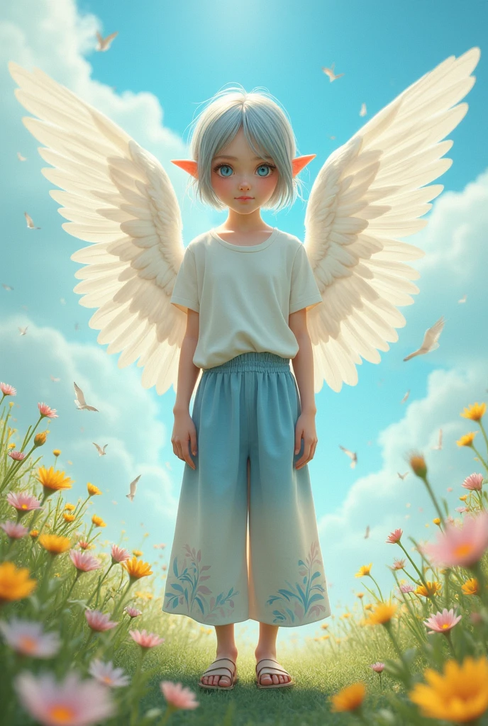 ((Best Quality)), ((masterpiece)), (detailed), (original), (realist), Girl , short ash-colored hair with light blue tips, clear light blue eyes, Elf&#39;s ears, Angel wings, White shirt, wide white and blue pants, sandals, 