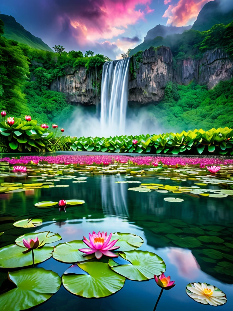 A breathtaking natural scene that captures the serene beauty of a waterfall cascading into a pristine lake surrounded by lush, green mountains. The foreground is adorned with vibrant, colorful water lilies floating gently on the calm water, adding a pop of color to the tranquil setting. The sky above is overcast, with clouds hinting at an approaching storm, creating a dramatic contrast with the vibrant landscape below. The reflection of the waterfall in the lake adds to the sense of peace and tranquility, inviting the viewer to lose themselves in the harmonious blend of natural elements.