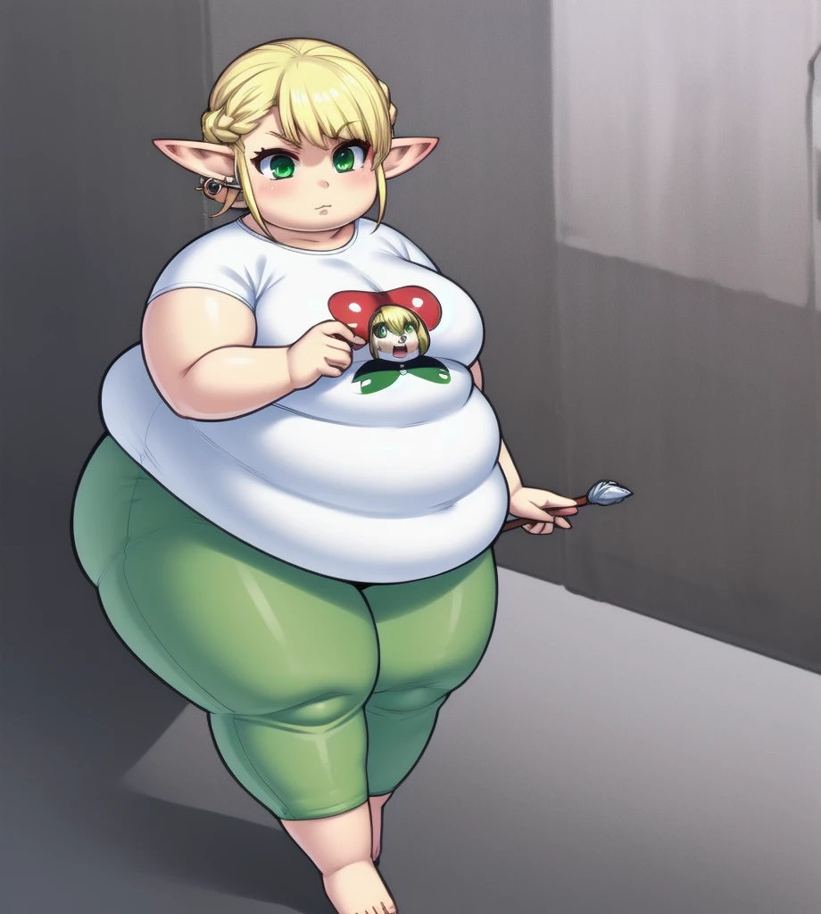 high quality, Pixel, 32 Bits, 1 solo girl, detailed eyes, obese erufuda, short hair, pointy ears, blonde hair, (green eyes:1.5), perfect body, white t-shirt, green pants, barefoot, braid, big butt, big breasts, cute, thick thighs, 4K