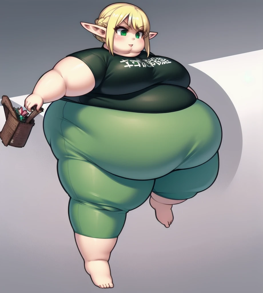 high quality, Pixel, 32 Bits, 1 solo girl, detailed eyes, obese erufuda, short hair, pointy ears, blonde hair, (green eyes:1.5), perfect body, white t-shirt, green pants, barefoot, braid, big butt, big breasts, cute, thick thighs, 4K