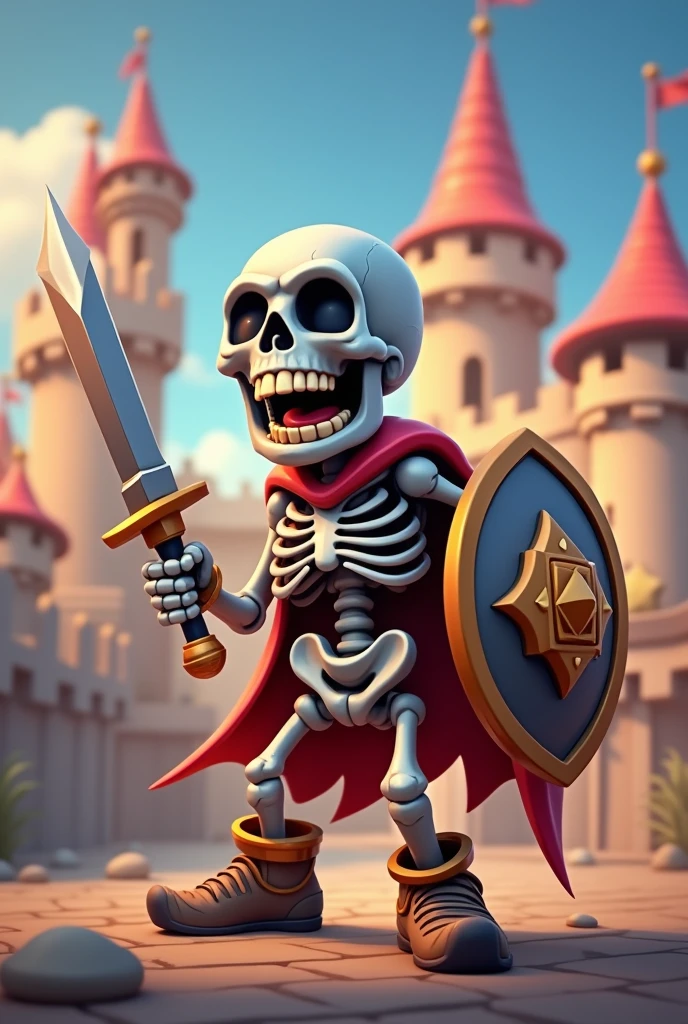 Generate a Clash Royale skeleton, in the style of old cartoons, cheered up, no ears, with a background of towers with crowns, with a shield and sword