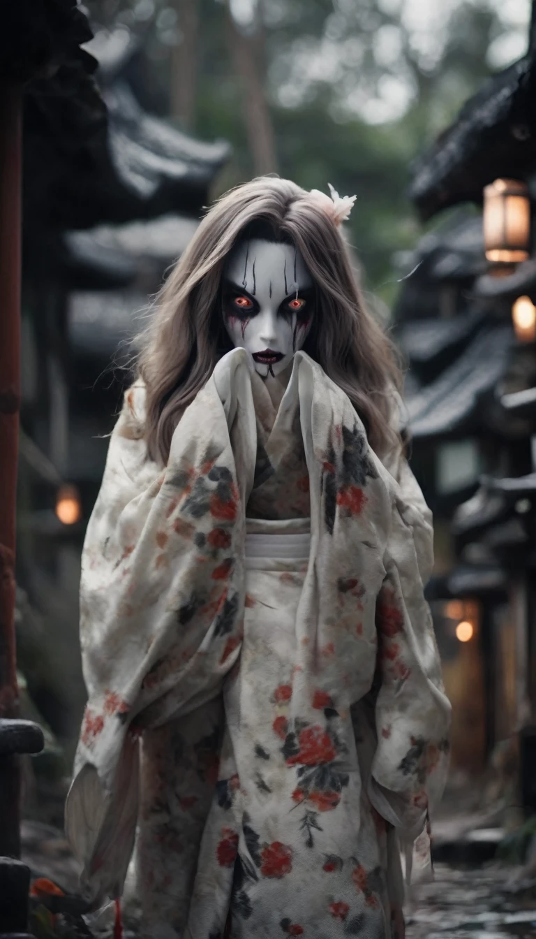 Japanese Town、There are a lot of monsters behind、Full Body Shot、Horror-themed movie stills,、Towns look small compared to humans,The town was trampled under her feet,Calm, A female yokai with long hair wearing a pure white wedding kimono,（Head size 1:2) (Full body portrait:1.3), (Detailed evil face of a woman:1.4), I am wearing a kimono, Shallow depth of field, Vignette, Very detailed, High budget, bokeh, Sulky, wonderful, Horror Nice, Film Grain, Granular . Spooky, Concerned, dark, Spooky, Suspenseful, strict, Very detailed