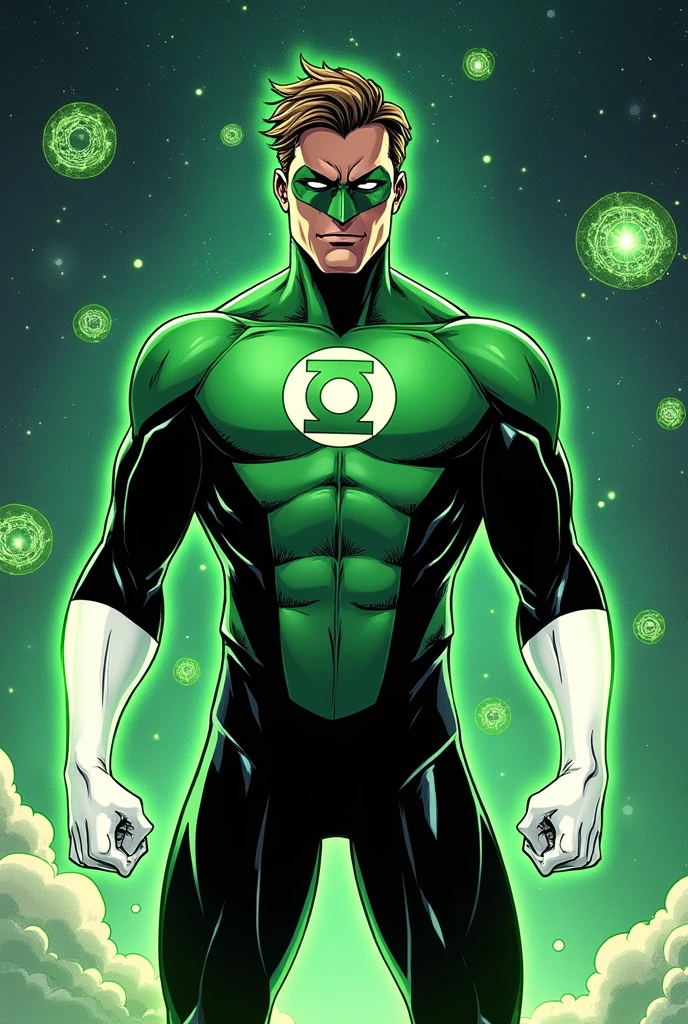 Generate an image of the Green Lantern with a new custom suit. Make sure his suit includes primary green with a secondary color being black, and some white highlights. include Letterman's jacket with his suit.