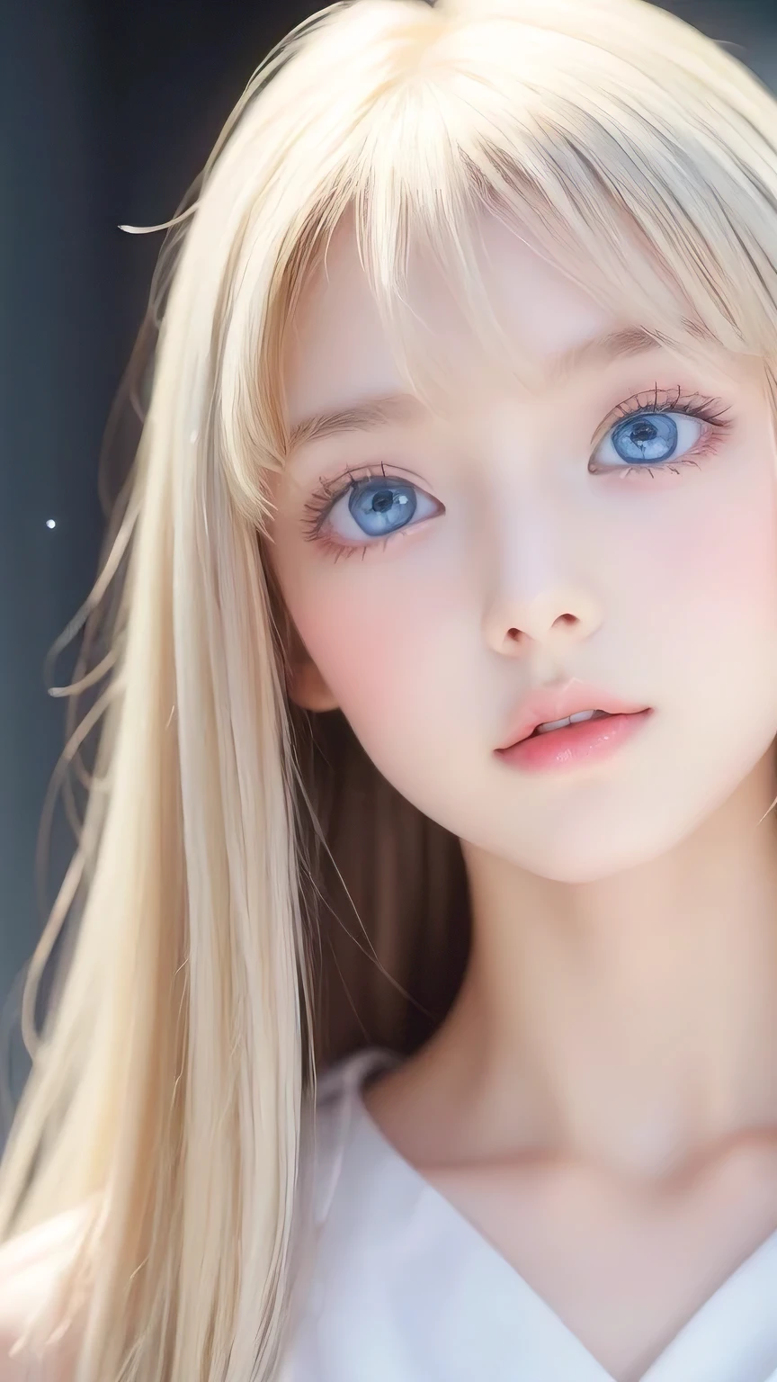 Portrait、、bright look、ponytail、bangs between eyes、bangs on the face、Young, shiny, white, glossy skin、gross face、cheek gloss highlight、best beauty、blonde reflection、Platinum blonde hair with dazzling highlights、shiny bright hair,、super long silky straight hair、Shining beautiful bangs、Attractive, beautifully shining, very bright, light blue eyes、very big eyes、Very beautiful nice cute beautiful girl、rich bust、small face beauty、