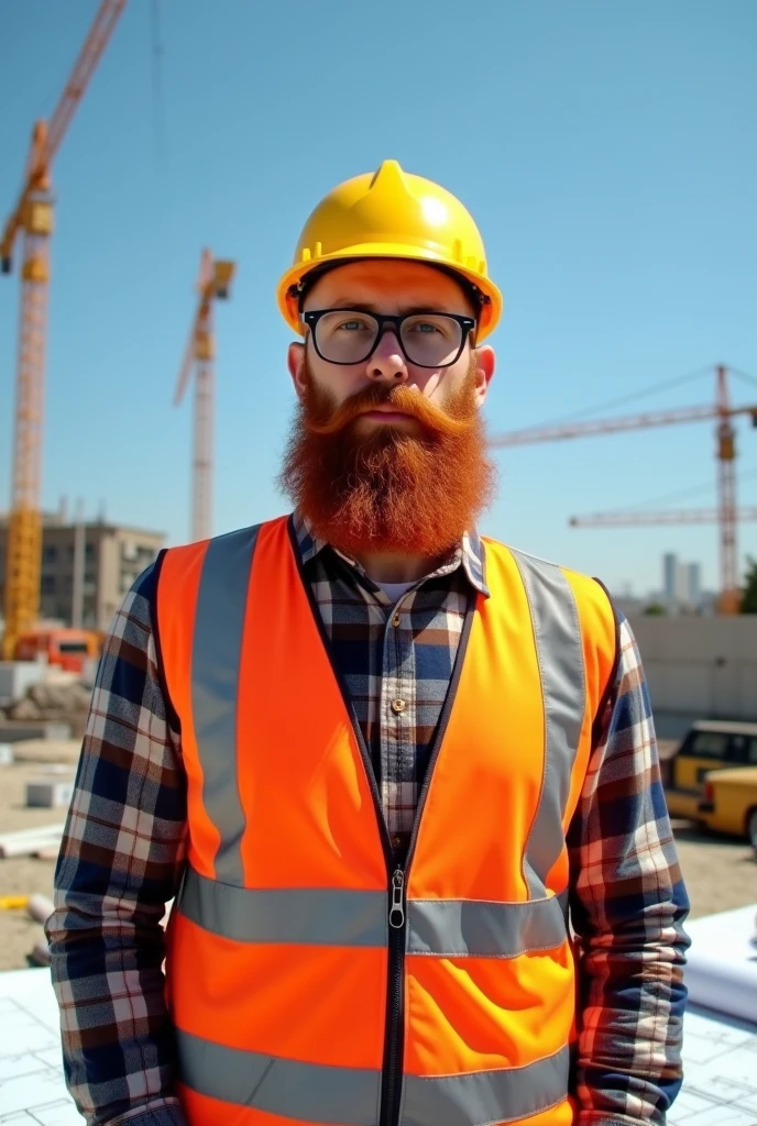 make a bearded red-haired man, bald with little hair, with glasses and myopia, as a civil engineer, very skinny, with an engineer's helmet