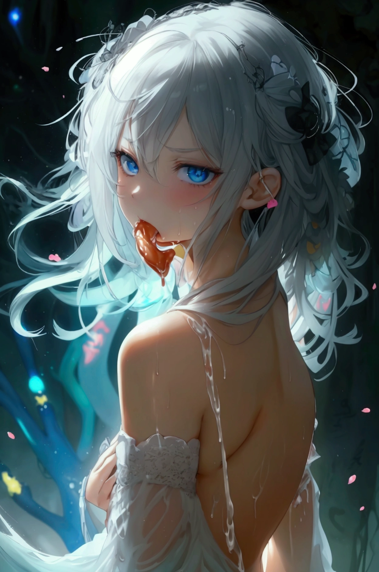 nsfw, best quality, high resolution, megami magazine, 1girl, tentacles, full body, vaginal sex, anal sex, fellatio, cum in pussy, cum in ass, cum in mouth, pale skin, flat chest, silver long hair, messy gair, expressionless, dark blue eyes, bad mood, gothic lolita, see through, 
