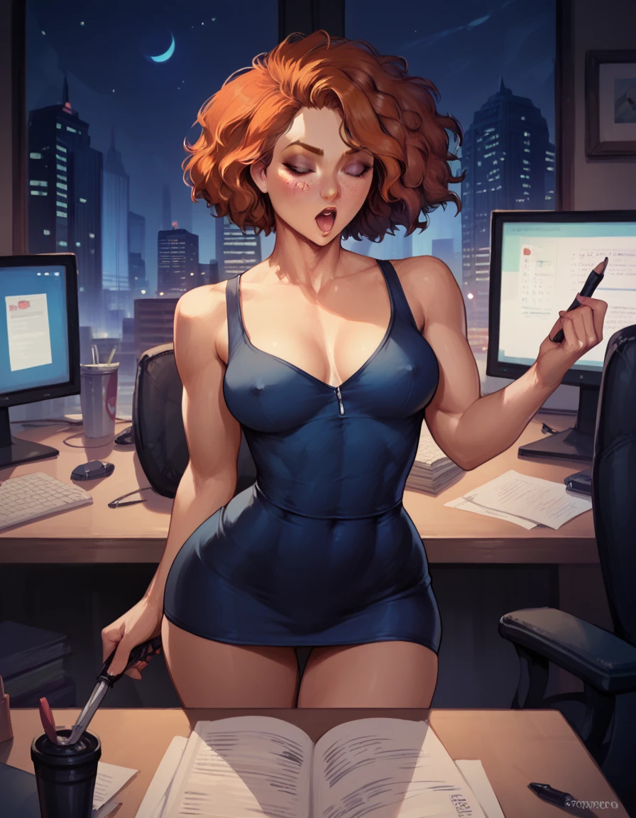 score_9, score_8_up, score_7_up, Merida (sexy, short hair, short dress, orgasm), American, night city, working in the office, sexual harassment