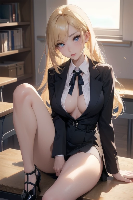 (Highest quality)), ((masterpiece)), (detailed),((Perfect Anatomy)),In the school classroom,Natural light coming in through the window, ((Full body shot 1.5，A woman sitting with her legs spread apart on a desk in a classroom.7,This woman is a 24-year-old female teacher.。.,A woman doing splits while sweating.7,Women get aroused by masturbation))),(((There are many men around the woman..5))),Beautiful woman，Very sexy，(((Big Breasts,Wearing a navy blue collared blazer.4,dark blue ribbon around the neck,,Very good,Wearing a very short navy blue miniskirt.8)))，((garter belt,Wear black knee-high socks.2,Black high heels)),
Beautiful woman，Beautiful Face，Big eyes，Beautiful Eyes，Beautiful double eyelids，Beautiful teeth alignment，A small face and a beautiful body with an 8-head ratio，Slender body，length, Thin limbs,length and supple hair，Shiny blonde hair,Full body shot 1.4，((Expressions of ecstasy and climax 1.5，Blushing and crying，Open your mouth wide、drooling a lot..2))，((Woman sitting with legs wide open.7)),(((Ahegao 1.5))),(((Pose 1: Open your legs and lean forward,、A close look at the vagina and anus.9))),((NSFW1.9,A large amount of love juice flows out of the pussy 1.4)),I want you to see my pussy and asshole,Very nasty slut,Erect nipples,Women&#39;s surroundings&#39;Her pussy is wet with love juice.,detailedなマンコを触る女性,