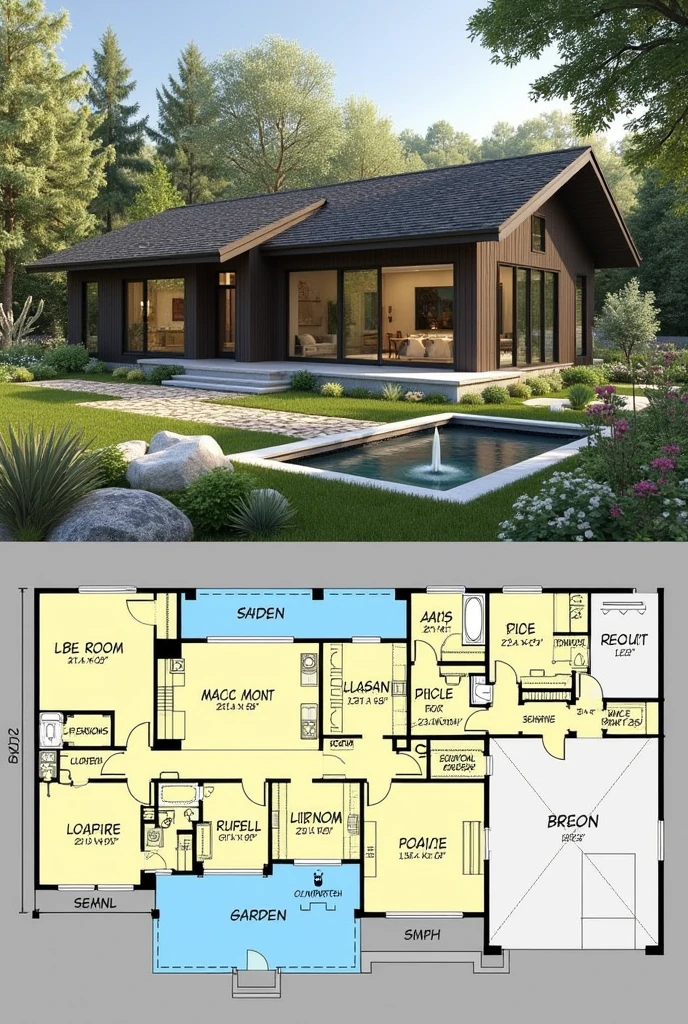 Create an architectural plan of a house with a garage, quarter, Bathroom, living room, dining room, kitchen and have a view of the garden where there will be a fountain and a garden behind that will have animals and trees  