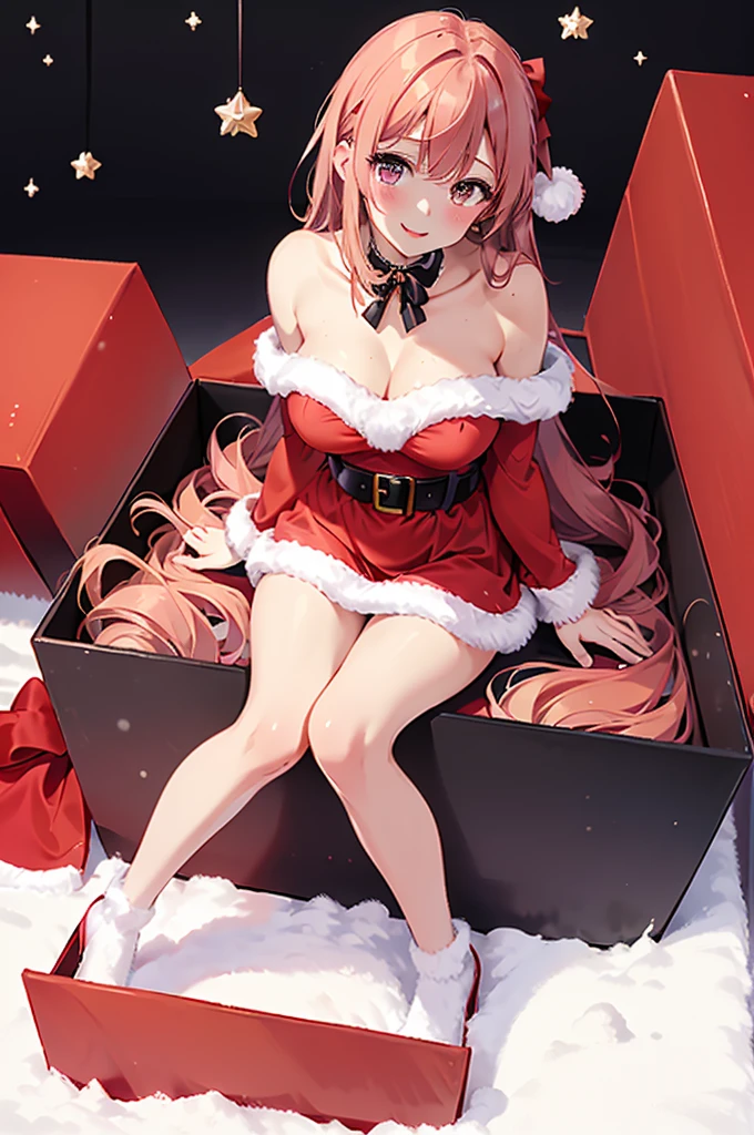 UHD, masterpiece, anatomically correct, super detail, high details, best quality, 8k,perfect beauty girl, oily skin, random Breast size、random hair style、random hair color, sntdrs, red santa dress,fur,belt, crazy eyes, smile, anime style, retina,christmas, snow, yomama_surprise_gift_v5,sitting present box curve,gift box, red box, hold a pink heart object with both hands