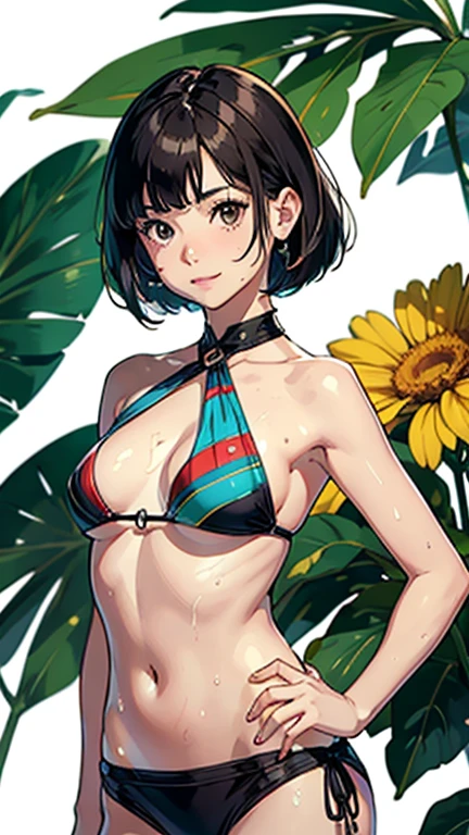 (Highest quality, masterpiece, High resolution)、(Anime Art)、 (reality)、Beautiful woman、(1 female)、18-year-old、(Please put your hands on your hips)、(Detailed depiction of a beautiful face)、Smiling Kindly、chest、Slim figure、medium short hair、semi-long、Two-tone hair、Wet、Sweat、bikini、micro bikini、A pareo skirt with bold ethnic patterns and plenty of primary colors、Realistic Skin、Wet、whole body、No zoom、No close-ups、Cinematic Light、Tropical colors、(Blank Background)、(White Background)、Perfect Face, Cute and symmetrical face, Glowing Skin, Sunburned skin, (short hair:1.2, Bobcut:1.2, Brown Hair), Asymmetrical bangs, Oil