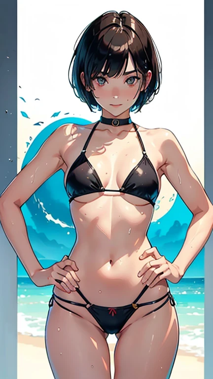 (Highest quality, masterpiece, High resolution)、(Anime Art)、 (reality)、Beautiful woman、(1 female)、18-year-old、(Please put your hands on your hips)、(Detailed depiction of a beautiful face)、Smiling Kindly、chest、Slim figure、medium short hair、semi-long、Two-tone hair、Wet、Sweat、bikini、micro bikini、A pareo skirt with bold ethnic patterns and plenty of primary colors、Realistic Skin、Wet、whole body、No zoom、No close-ups、Cinematic Light、Tropical colors、(Blank Background)、(White Background)、Perfect Face, Cute and symmetrical face, Glowing Skin, Sunburned skin, (short hair:1.2, Bobcut:1.2, Brown Hair), Asymmetrical bangs, Oil