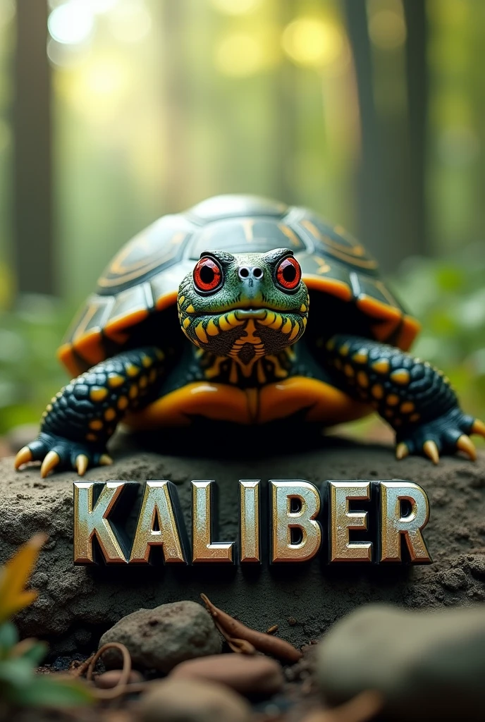 Red eyed turtle with the word kaliber below it with a bullet in the letter e