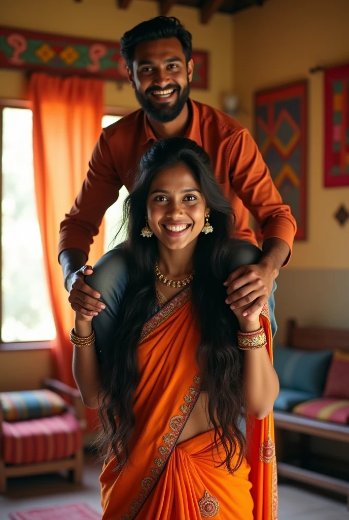 A smiling and beautiful indian woman lifting and carrying a stout man on her shoulders, man is sitting on woman's shoulders, in a village room
