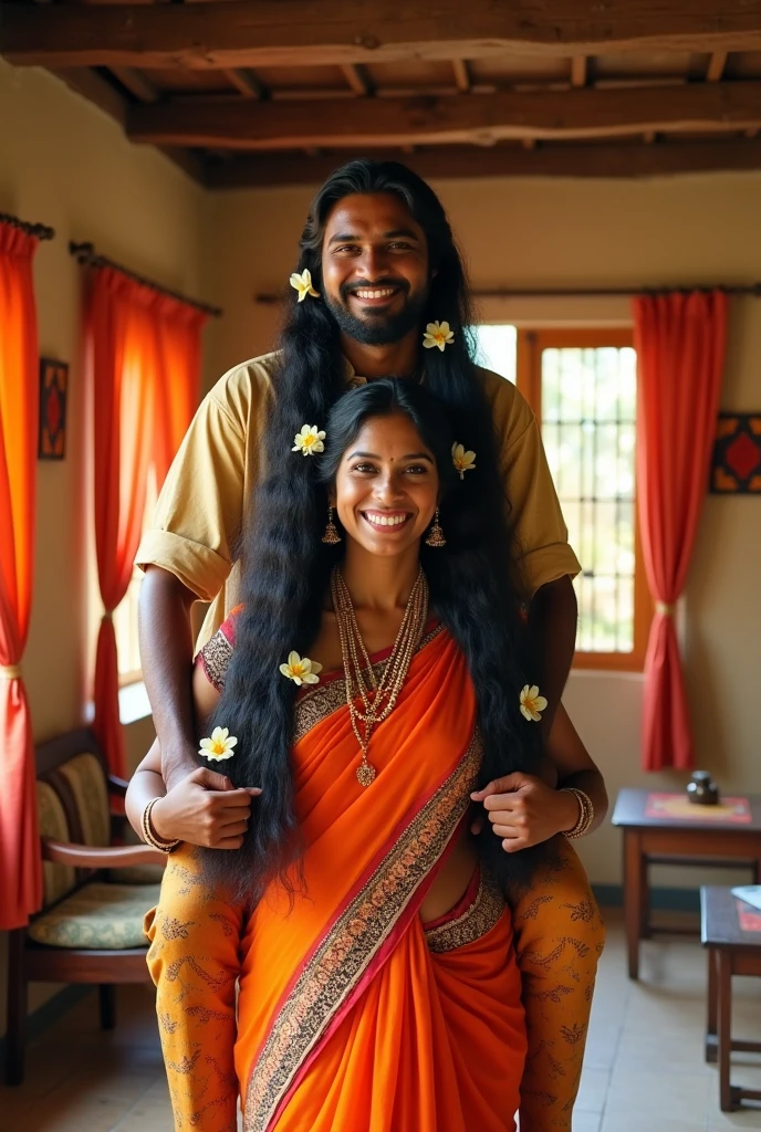 A smiling and beautiful indian woman lifting and carrying a stout man on her shoulders, man is sitting on woman's shoulders, in a village room