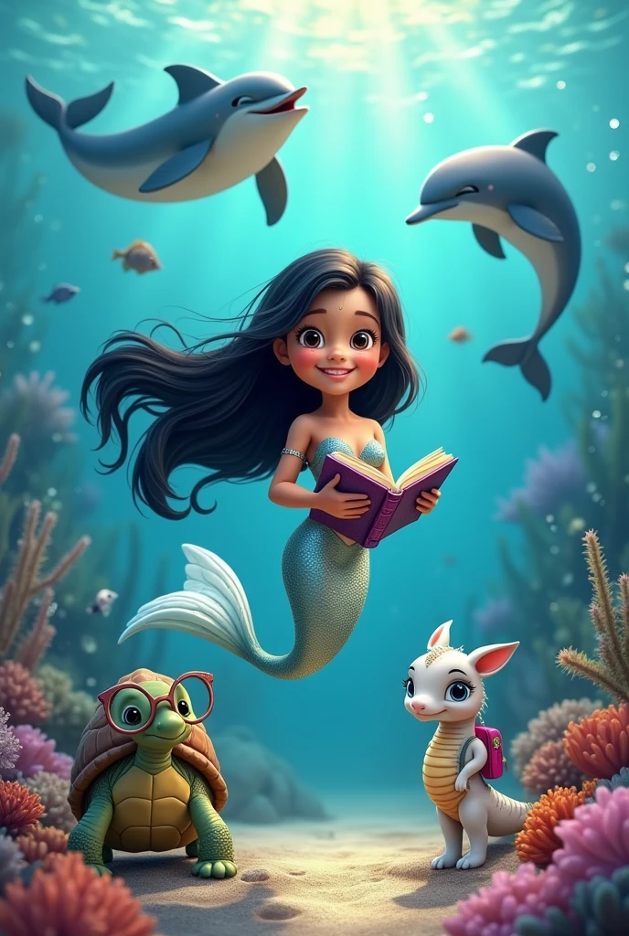 Cartoon drawing of a very happy little mermaid with black hair and a silver tail, happy next to a turtle with glasses and a book, also a small seahorse with a leash around its neck, A happy dolphin with a backpack and behind it a large manta ray are at the bottom of the sea

