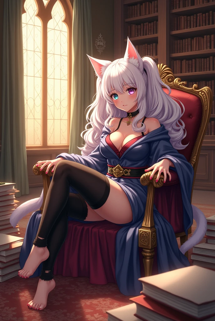 ((best quality)), ((masterpiece)), (detailed), ((highres)), In lavish manor library, laying in books, long curly white pig tails. Fluffy white cat ears. Long white cat tail on butt, 1catgirl, 20 year old, Curvy body, shy, timid, scared, nervous, Blushing. Lewd mage robes. Heterochromatic eyes, one teal eye, one purple eye. No shoes. No socks, black ripped thigh high leggings with pink pawpads on feet,