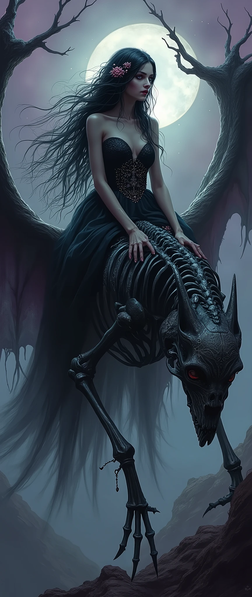 A hauntingly beautiful digital painting of a witch-like woman astride a skeletal, winged beast in a surreal, shadowy realm. Her long, ebony hair, woven with delicate, luminescent flowers, cascades over her ornate, flowing gown that seems to shimmer with an eerie glow. The creature beneath her is a marvel of intricate bone structures, its wings outstretched as if to take flight. The backdrop is a twisted dreamscape, where gnarled trees reach out like spectral hands, and the sky is a swirling mix of deep purples and stormy grays, punctuated by faint, otherworldly lights. The atmosphere is steeped in gothic mysticism, evoking a sense of dark enchantment.