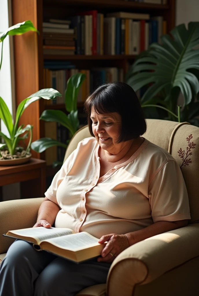 create a 74-year-old woman, of Brazilian origin, with short straight black hair , I want to be white, with one meter and fifty, white, kinda chubby,  with plenty of chest,  com olhos castanhos, reading a bible 
