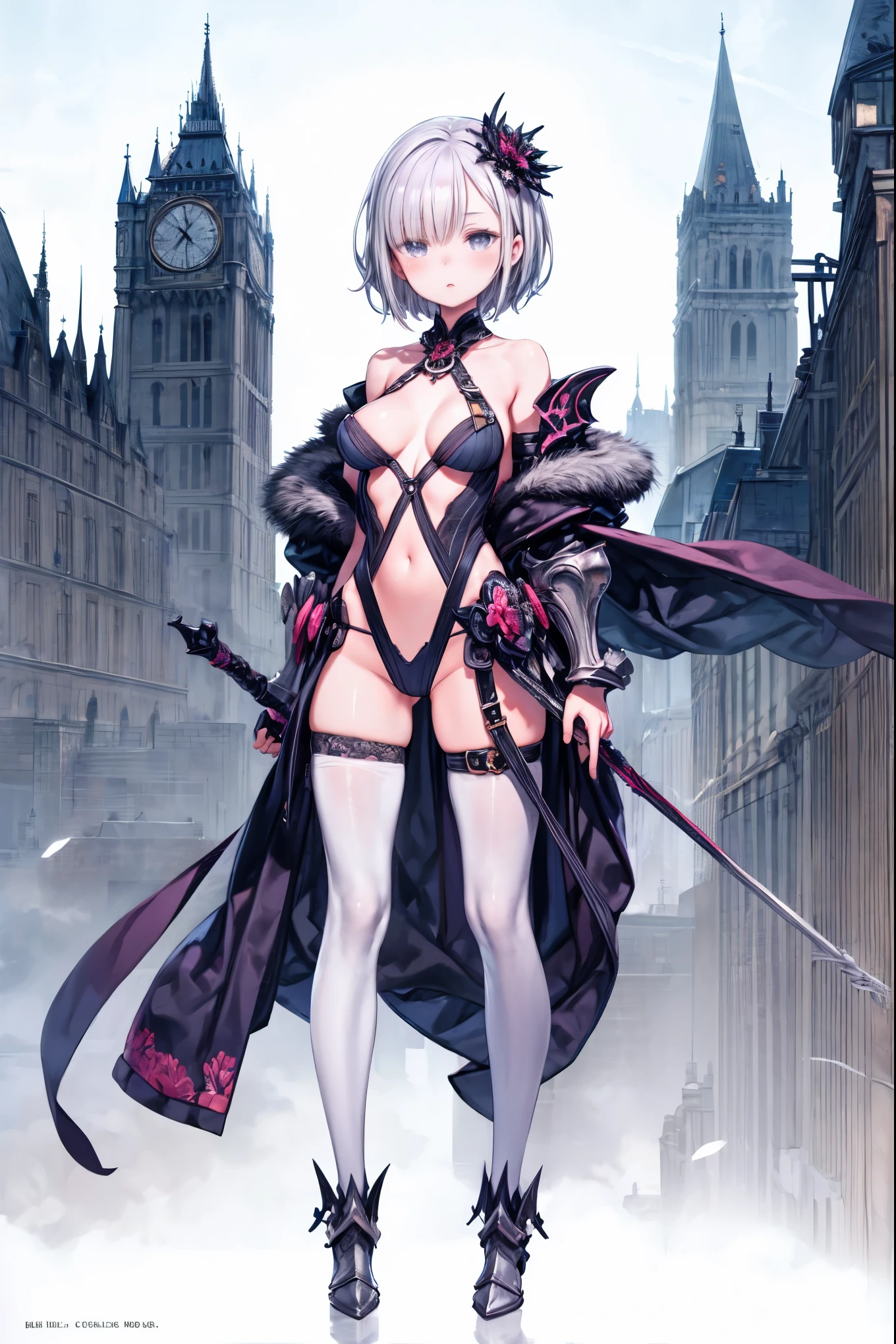 fantasy, 1girl,_teen,lver_hair, short_hair, long_bangs, bare_shoulder,thighhighs,silver_armor, waist_armor, large_breasts,half_eyes,floating, bare_crotch, headgear,gauntlet, greaves,city_background,slightly_spread_legs, solo, groin_naked,hair_over_one_eye,rise_knee,rise_leg,