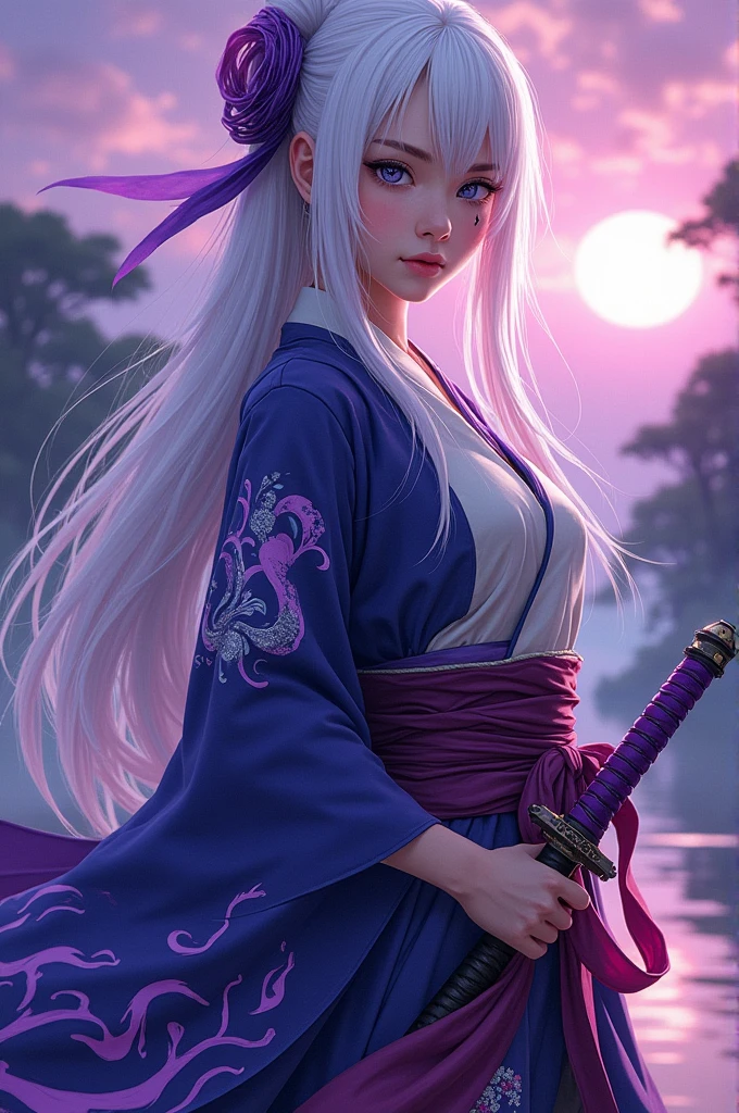 Young female with white hair with blue tips and purple streaks, one blue eye and one purple eye, extremely beautiful with hips and waist but almost no breasts, wearing a haori with purple flames, a small scar on her face and a purple katana, her uniform is a combination of Sanemi and Mitsuri's, full body and from the anime Demon Slayer.