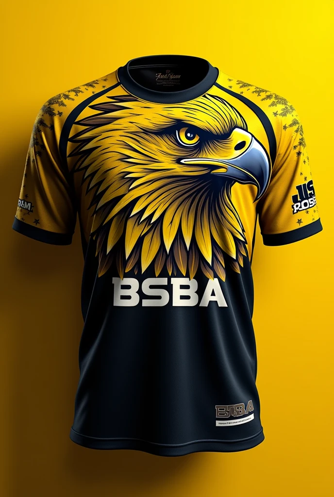 'first creat a" jersey shirt " were i can see the front with a color combination of half yellow and half black then put a tag name " BSBA " then drawing a Eagle behind the tag name only yellow and black color is used please a realistic one and fill the whole shirt of a head of a Eagle