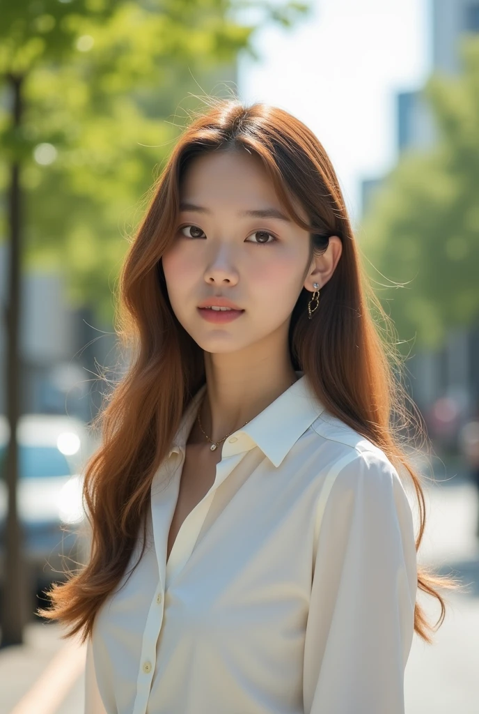 22-year-old Japanese woman with long, light brown hair, transparent hair coloring, sharp eyes, a clean face line, giving a sophisticated impression, wearing a white blouse.
