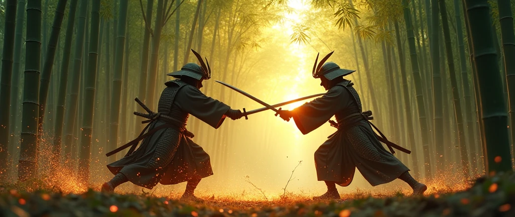 2 samurais, fighting, sword fight, bamboo forest, cinematic, extreme wide shot, Beautiful painting style, 8k, Sunlight, sunrise