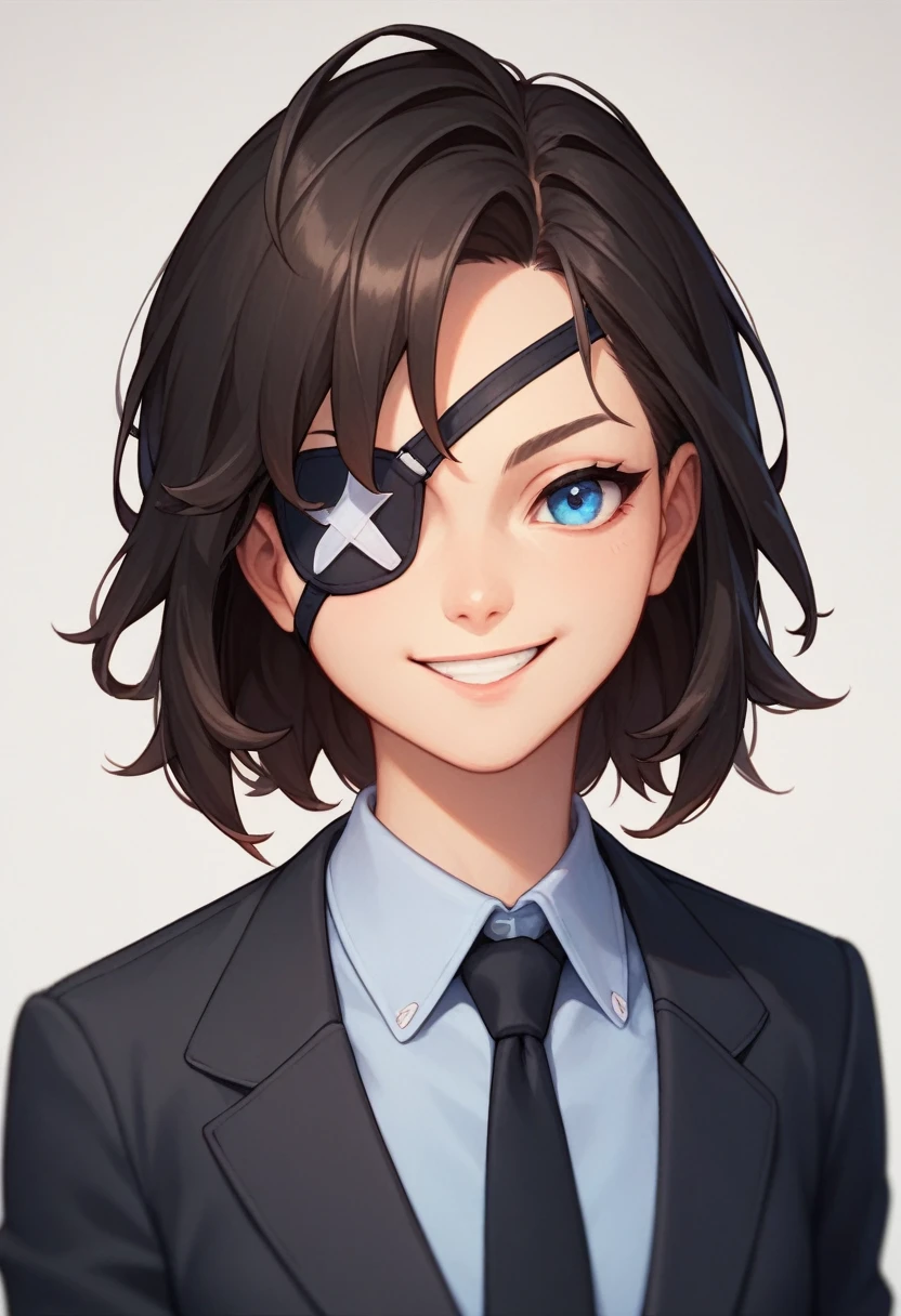 1 girl, Alone, in front of the viewer, looking at the viewer, Upper part of the body, smile, hymen, eye patch, black fur, blue eyes, medium hair,hits, black tie, Business suit, Black pants, suit's jacket, black suit,