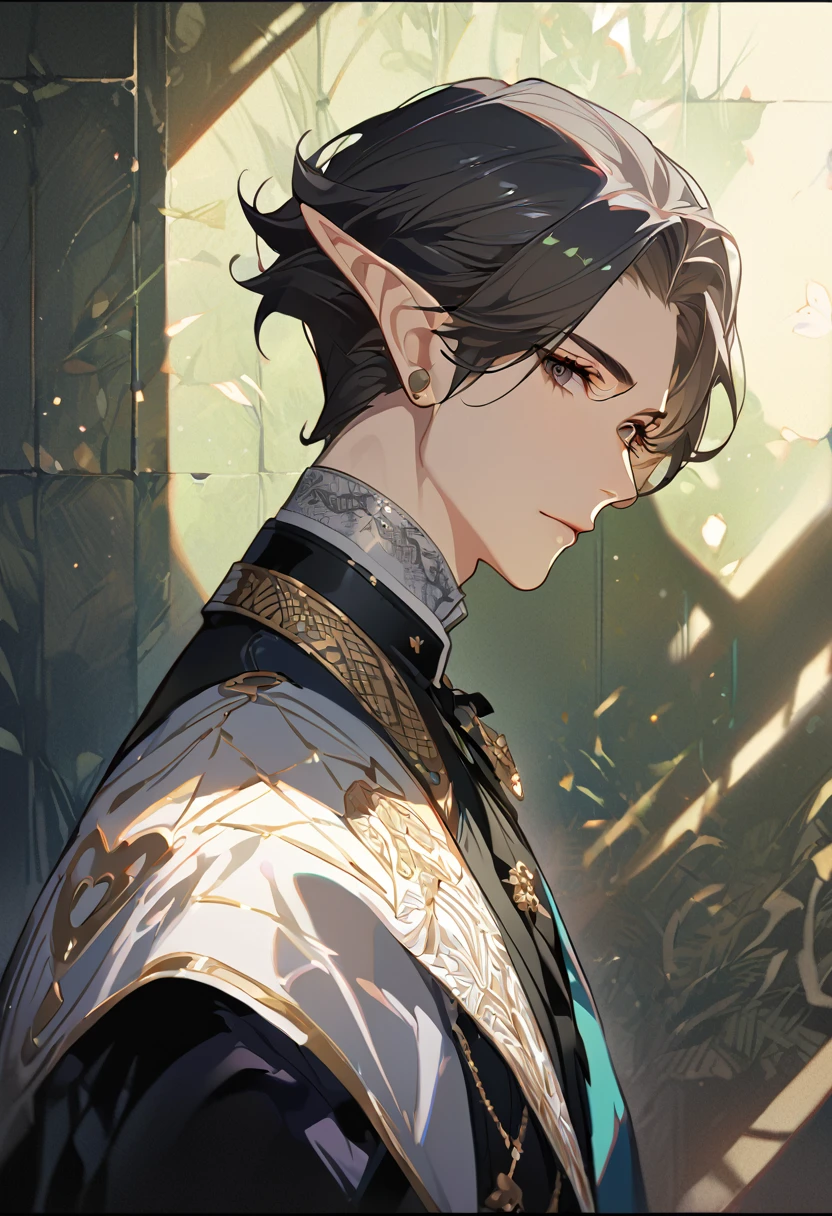 masterpiece, best quality, 8k ,4k , 1 male, elf, long ears elf, dark grayish hair, dark greenish eyes, hair ornament, finely detailed eyes and detailed face, looking at viewer, from side, meticulous clothes, formal clothes, combination of white and black coat, half cape by the shoulders, patterned clothes, majestic looks, sharp looks, shadows, inspired by Asukaziye artist : ask, art style : ask