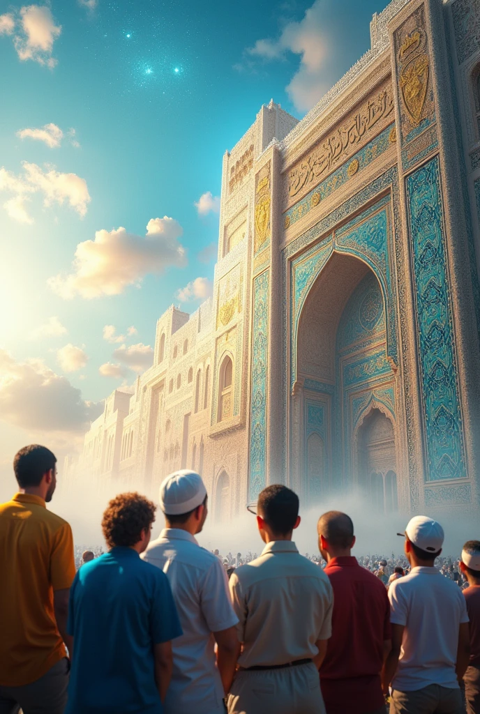 The beautiful wall of heaven, with the sky in the background and many Muslim people wearing caps looking at the wall are shocked to see the wall