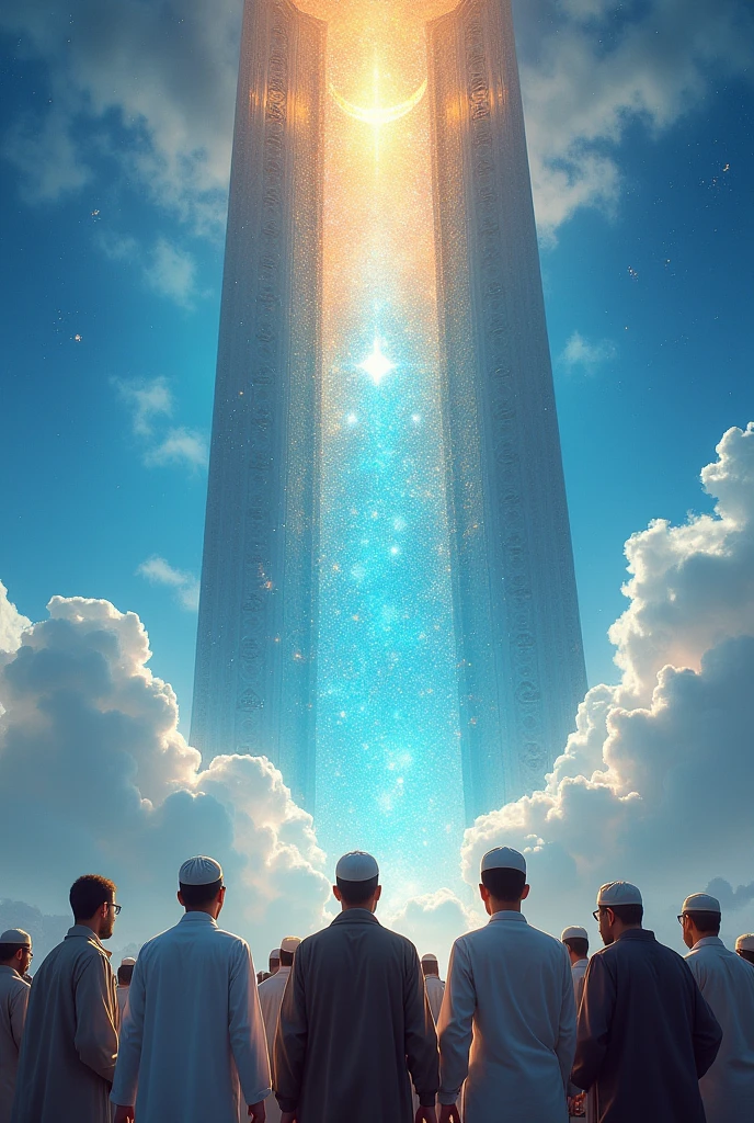 The beautiful wall of heaven, with the sky in the background and many Muslim people wearing caps looking at the wall are shocked to see the wall
