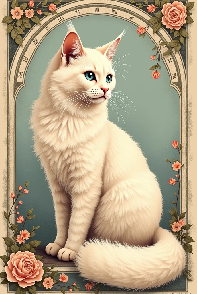 Generate a female Maine Coon cat with fluffy and soft fur. Her fur color will be pale blonde and she will have a fluffy tail. And her eyes are ice blue. The art will be hand-drawn in an elegant vintage style., Detailed and colorful.
