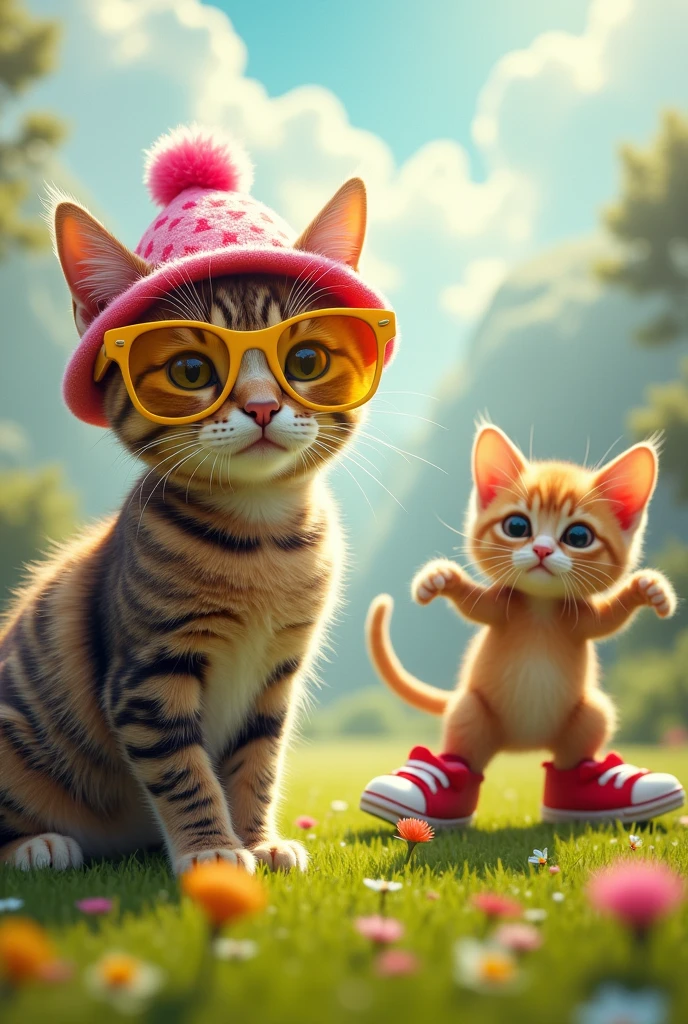 Create a cat wearing a pink hat, create a god wearing yellow sunglasses, create an another cat that wears shoes
