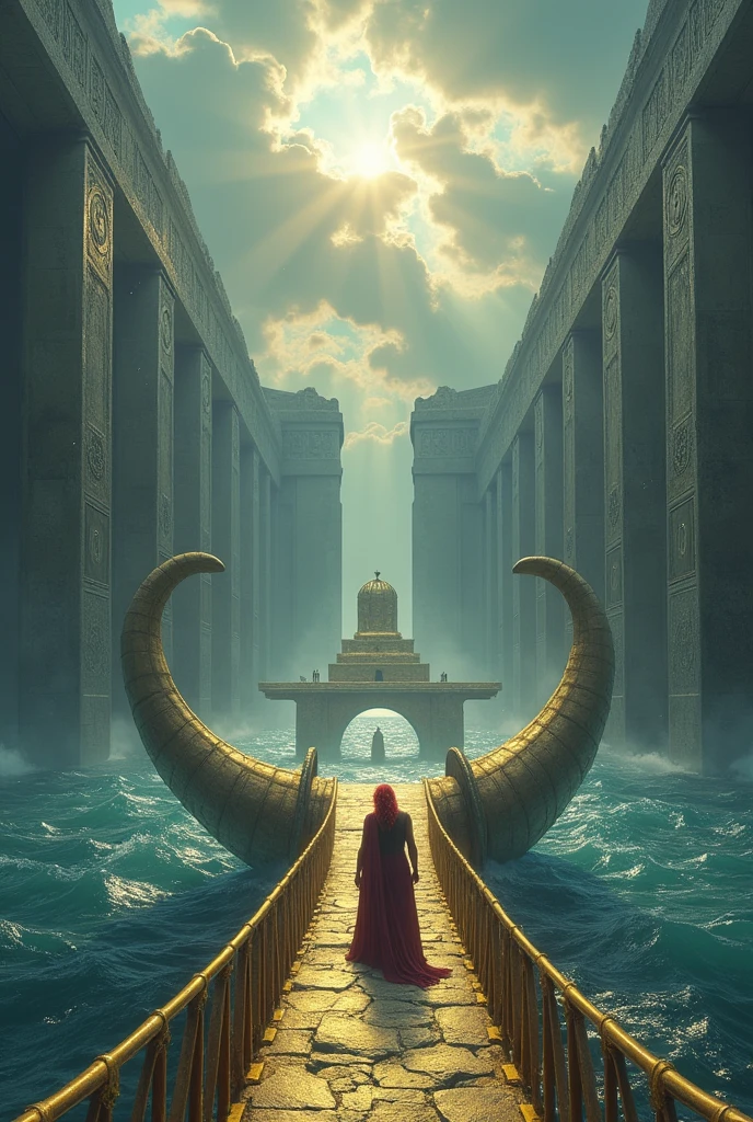 A massive ancient Norse divine sanctuary, a large golden bridge, a golden horn, in the middle of the ocean, a man with red hair and another man with short white hair, pale and delicate skin, are looking at each other