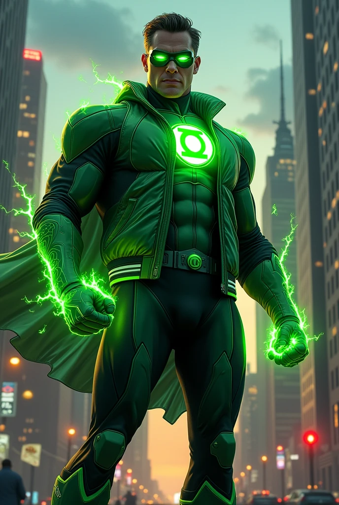 Generate an image of the Green Lantern with a new custom suit. Make sure his suit includes primary green with a secondary color being black, and some white highlights. include Letterman's jacket with his suit.