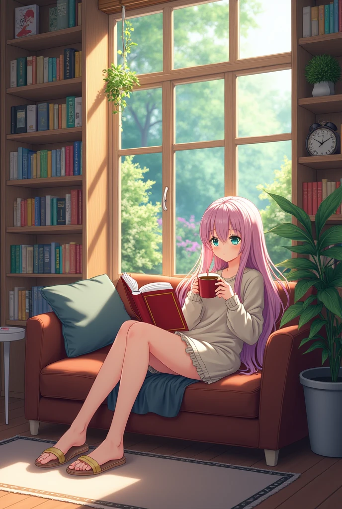 Anime girl, drinking coffee and reading on a couch with her feet up in a beautiful living room with large book shelves and windows with nature in the back ground in anime style