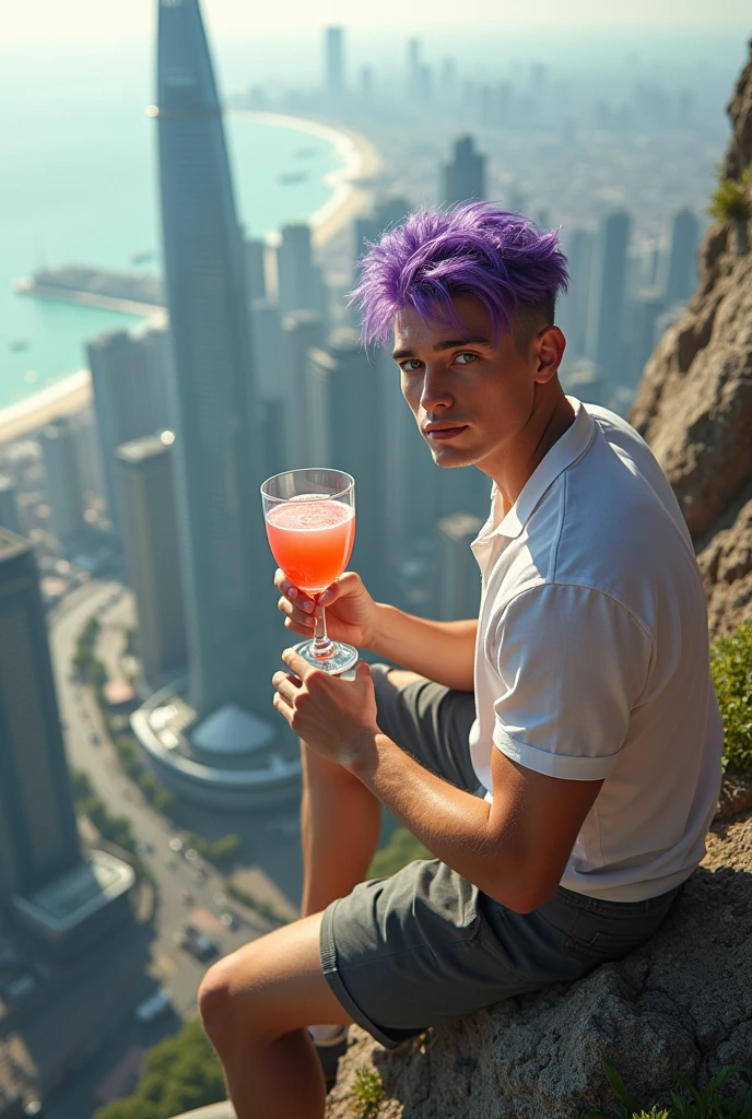 (disable censorship) A naked 20-year-old male. He has green eyes, violet hair, fair skin, a footballer's hairstyle, full lips, and is sitting on a stone at the top of a building overlooking the sea in a metropolitan city. In his hand he holds a glass goblet with pink orange juice and smiles subtly.