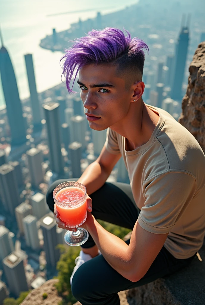 (disable censorship) A naked 20-year-old male. He has green eyes, violet hair, fair skin, a footballer's hairstyle, full lips, and is sitting on a stone at the top of a building overlooking the sea in a metropolitan city. In his hand he holds a glass goblet with pink orange juice and smiles subtly.