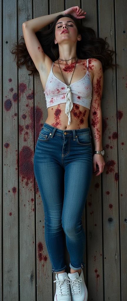 ((sexy 20s group of german girls)), dark blue tight skinny jeans, belt, nike white air force one sneakers, topless, (((full view))), full body view, lying facing backwards on the wood, dirty and wet skin, blood all over the body, wounds, scratches, bruise, dead, rest, lifeless, eyes closed, mouth open, necklace, showing tits and pointed nipples, wristwatch, bracelet, dead girl, corpse pose, street view, tortured, snowy weather, bloodbath, phone, handbag, tshirt on the floor, arm up pose, sexy death pose