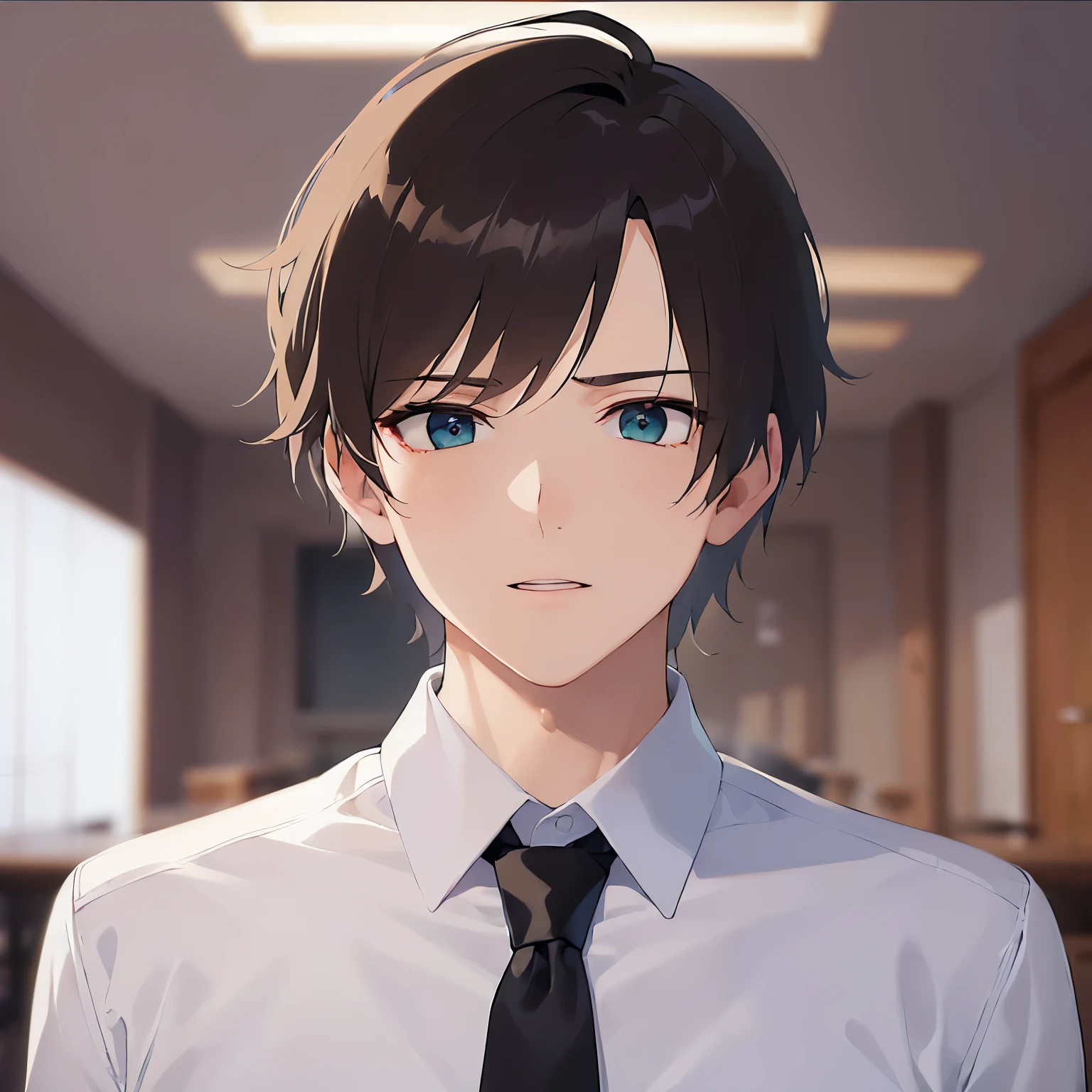 BREAK (25-year-old male:1.5) and (Brown short hair) and (Green Eyes)BREAK(looking at viewer:1.5),upper body,Are standing、
shiny skin, masterpiece、Highest quality、
BREAK (white collared shirt) and (Green tie)BREAK
serious、open mouth,The background is the conference room、(alone:1.5)
