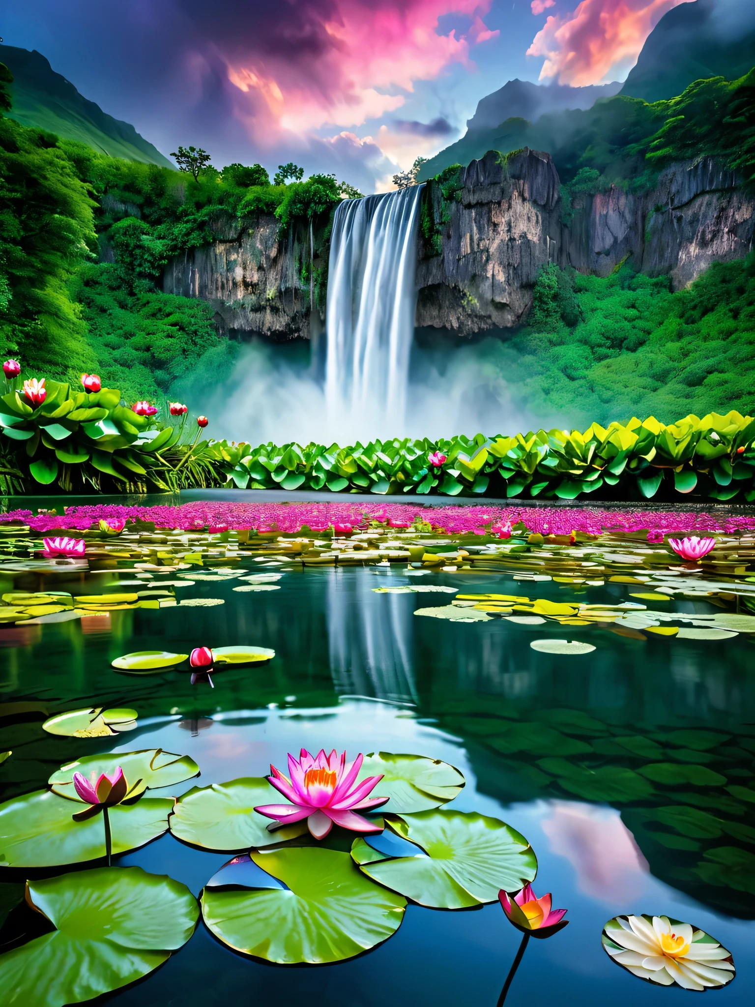 A breathtaking natural scene that captures the serene beauty of a waterfall cascading into a pristine lake surrounded by lush, green mountains. The foreground is adorned with vibrant, colorful water lilies floating gently on the calm water, adding a pop of color to the tranquil setting. The sky above is overcast, with clouds hinting at an approaching storm, creating a dramatic contrast with the vibrant landscape below. The reflection of the waterfall in the lake adds to the sense of peace and tranquility, inviting the viewer to lose themselves in the harmonious blend of natural elements.