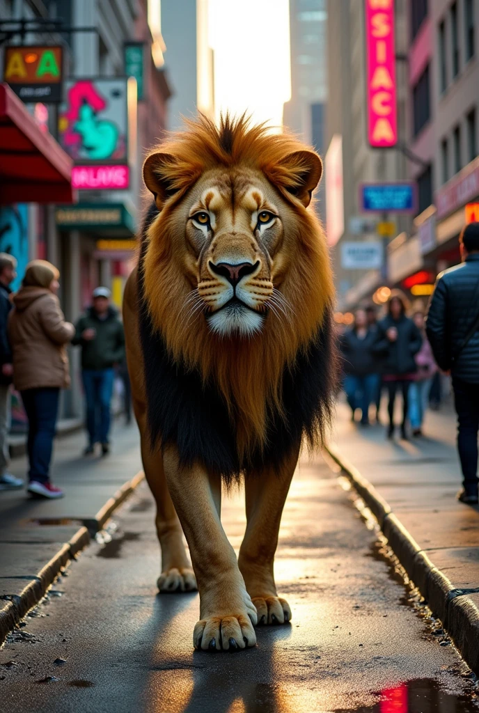 A lion in American Street  afraid of people