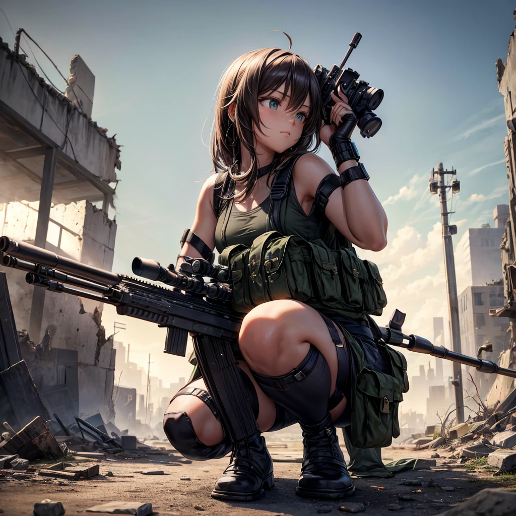 In the ruined city,wearing a grenade pouch,Barrett sniper rifle,Squatting at a high point,aim