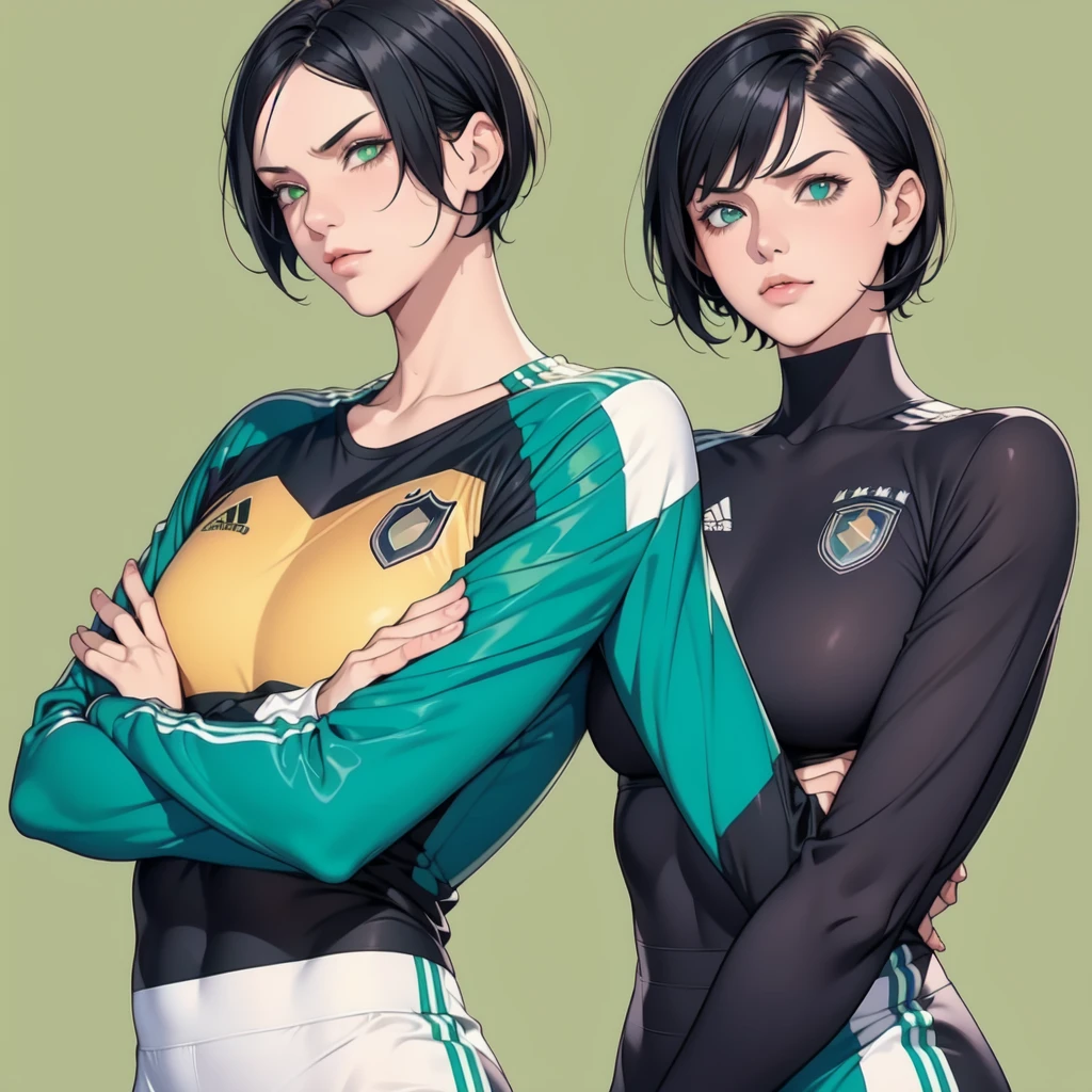 short hair, black hair color, green eye color, gender man, Germany national team shirt, pose with arms crossed