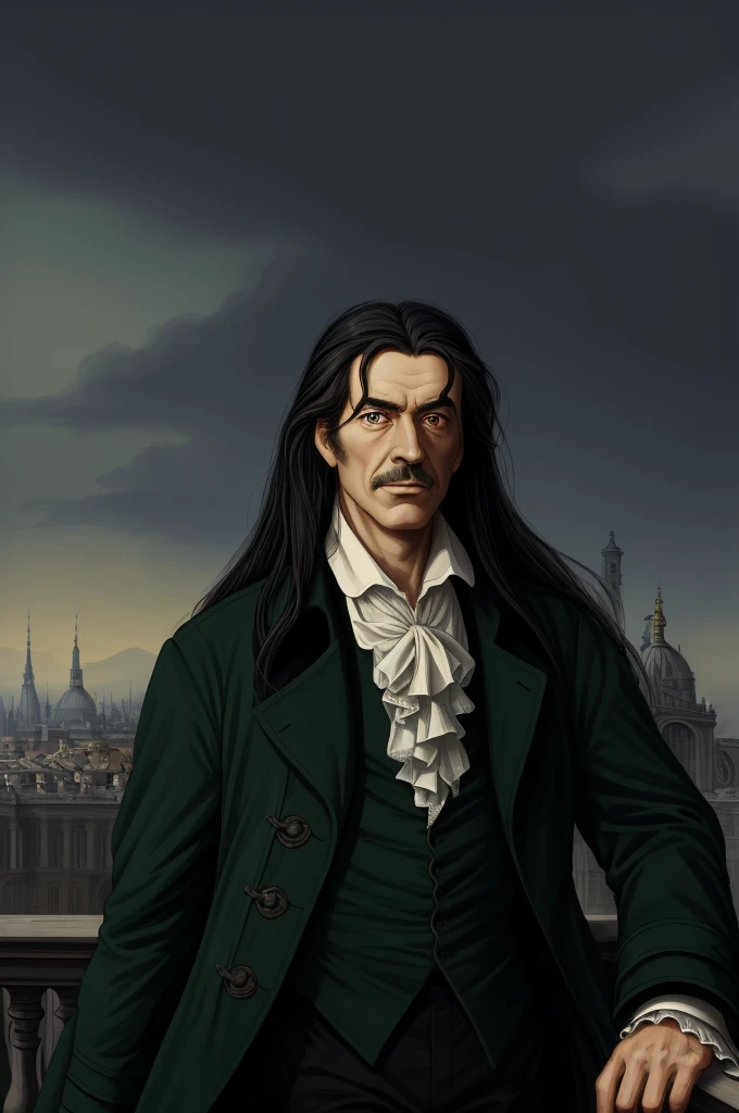 Highest quality, masterpiece, High resolution,，（Jacques Hébert），French，French Revolution politician，（French cityscape_background），Middle-aged men，Long Hair，Anime Style, 4K, alone，whole body， looking at the camera, ，Black Hair，Dark Green_coat， Hyper Detail, (Intricate details),