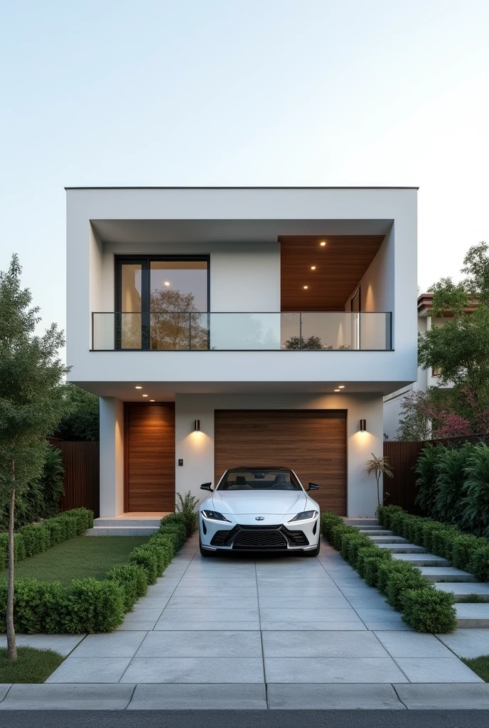 Main facade of a house with a garage for 1 car, minimalist style