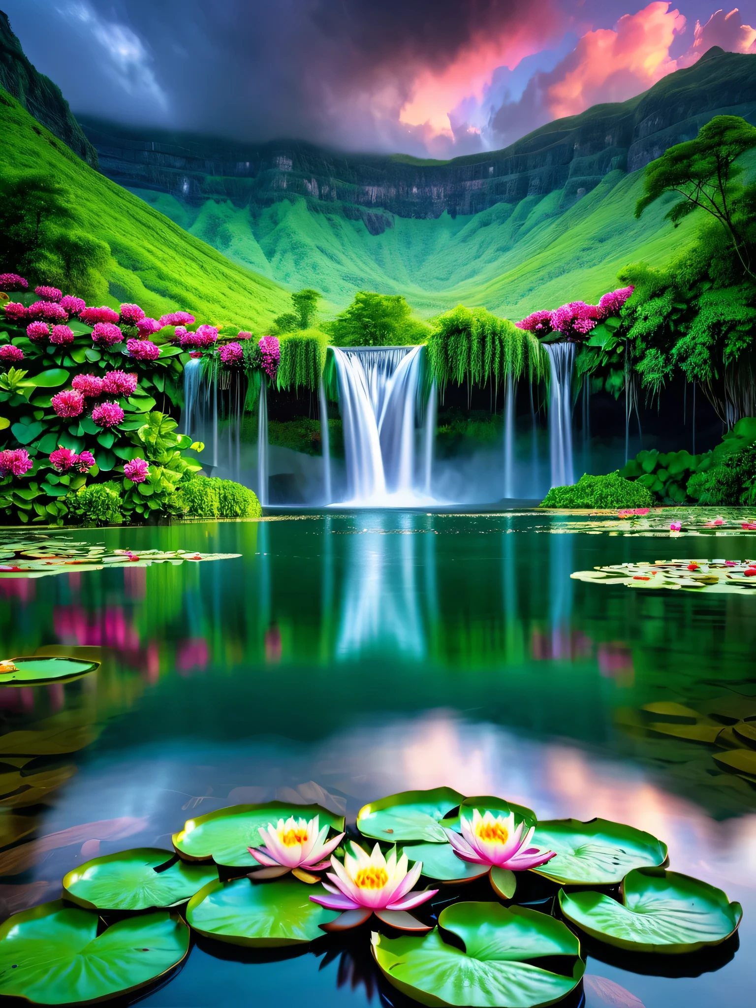 A breathtaking natural scene that captures the serene beauty of a waterfall cascading into a pristine lake surrounded by lush, green mountains. The foreground is adorned with vibrant, colorful water lilies floating gently on the calm water, adding a pop of color to the tranquil setting. The sky above is overcast, with clouds hinting at an approaching storm, creating a dramatic contrast with the vibrant landscape below. The reflection of the waterfall in the lake adds to the sense of peace and tranquility, inviting the viewer to lose themselves in the harmonious blend of natural elements.